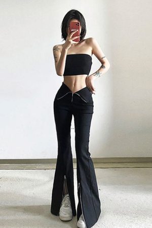 Cute Everyday Outfits, Outfit Inspo Casual Grunge Zip Up Flared Pants