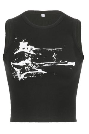 Cute Everyday Outfits, Outfit Inspo Casual Guitar Print Ribbed Top