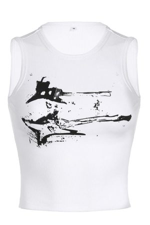 Cute Everyday Outfits, Outfit Inspo Casual Guitar Print Ribbed Top