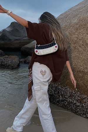 Cute Everyday Outfits, Outfit Inspo Casual Heart Embroidery Cargo Jeans