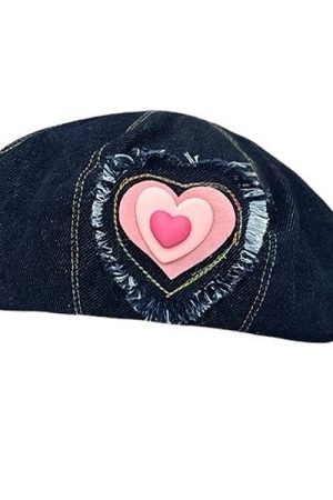 Cute Everyday Outfits, Outfit Inspo Casual Heart Patch Denim Beret Hat