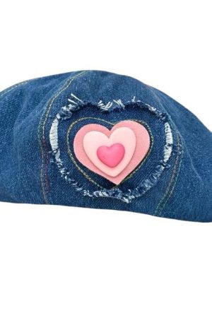 Cute Everyday Outfits, Outfit Inspo Casual Heart Patch Denim Beret Hat