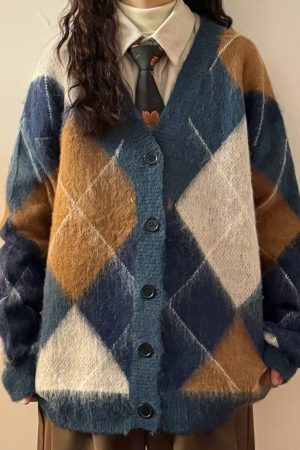 Cute Everyday Outfits, Outfit Inspo Casual High School Loose Fit Argyle Cardigan