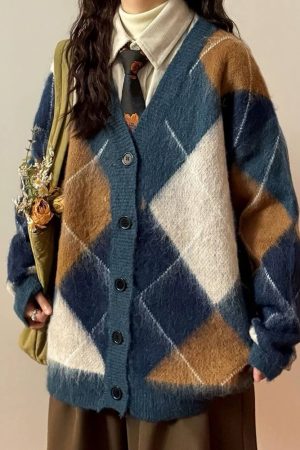 Cute Everyday Outfits, Outfit Inspo Casual High School Loose Fit Argyle Cardigan