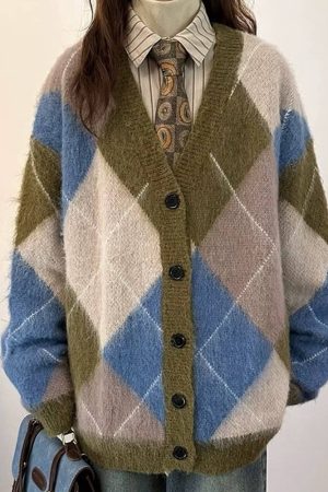 Cute Everyday Outfits, Outfit Inspo Casual High School Loose Fit Argyle Cardigan