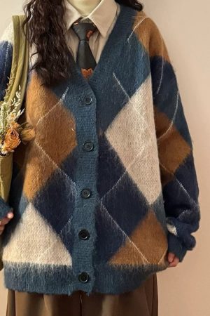 Cute Everyday Outfits, Outfit Inspo Casual High School Loose Fit Argyle Cardigan