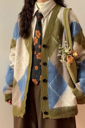 Cute Everyday Outfits, Outfit Inspo Casual High School Loose Fit Argyle Cardigan