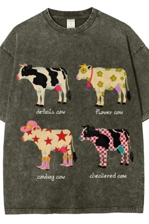Cute Everyday Outfits, Outfit Inspo Casual Indie Aesthetic Cow Graphic T-Shirt