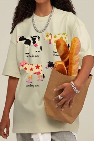 Cute Everyday Outfits, Outfit Inspo Casual Indie Aesthetic Cow Graphic T-Shirt