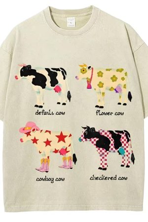 Cute Everyday Outfits, Outfit Inspo Casual Indie Aesthetic Cow Graphic T-Shirt