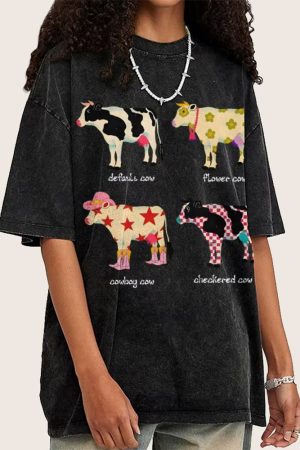 Cute Everyday Outfits, Outfit Inspo Casual Indie Aesthetic Cow Graphic T-Shirt