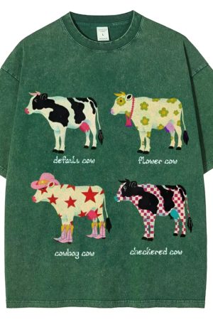 Cute Everyday Outfits, Outfit Inspo Casual Indie Aesthetic Cow Graphic T-Shirt