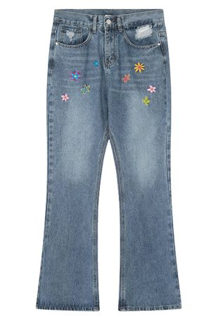 Cute Everyday Outfits, Outfit Inspo Casual Indie Aesthetic Flower Embroidery Jeans