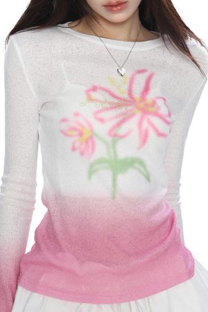 Cute Everyday Outfits, Outfit Inspo Casual Indie Flower Gradient Knit Top
