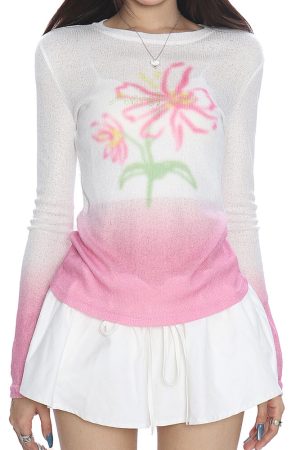 Cute Everyday Outfits, Outfit Inspo Casual Indie Flower Gradient Knit Top