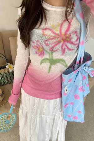 Cute Everyday Outfits, Outfit Inspo Casual Indie Flower Gradient Knit Top
