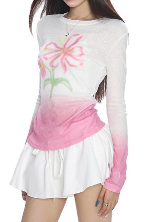 Cute Everyday Outfits, Outfit Inspo Casual Indie Flower Gradient Knit Top