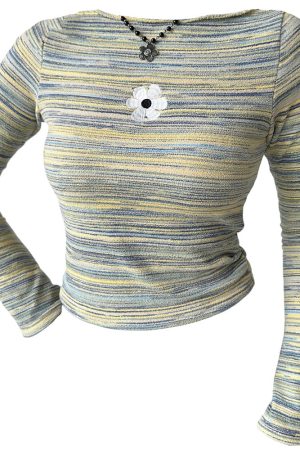 Cute Everyday Outfits, Outfit Inspo Casual Indie Flower Striped Long Sleeve Top