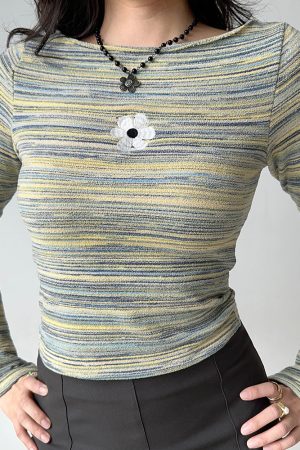 Cute Everyday Outfits, Outfit Inspo Casual Indie Flower Striped Long Sleeve Top