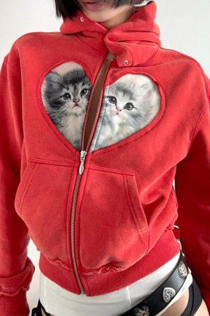 Cute Everyday Outfits, Outfit Inspo Casual Kitten & Heart Zip Up Hoodie