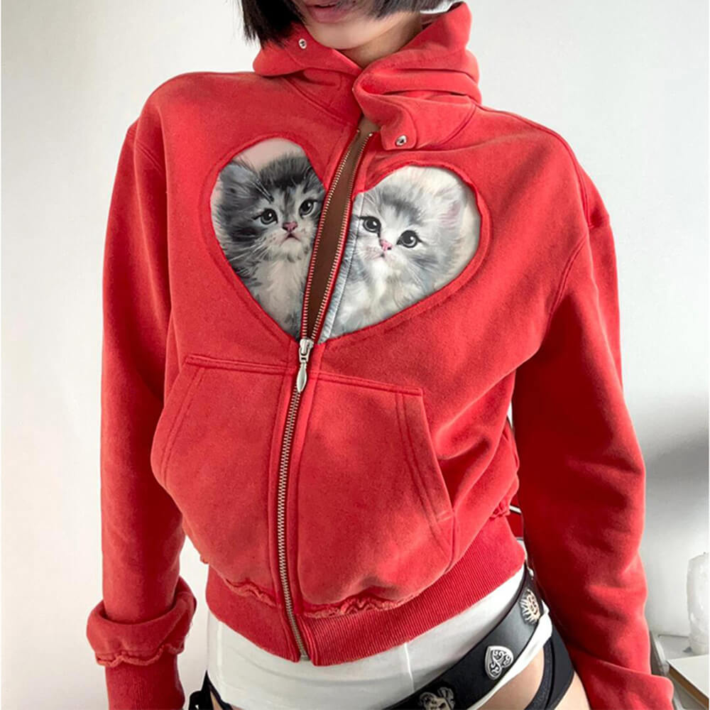 Cute Everyday Outfits, Outfit Inspo Casual Kitten & Heart Zip Up Hoodie Cute Everyday Outfits, Outfit Inspo Casual Kitten & Heart Zip Up Hoodie