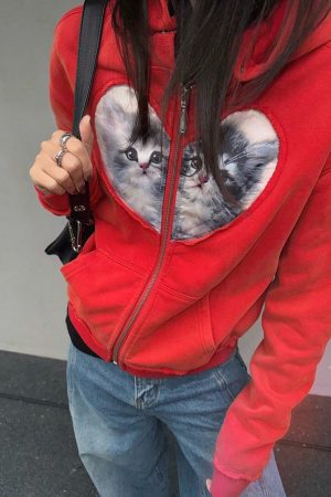 Cute Everyday Outfits, Outfit Inspo Casual Kitten & Heart Zip Up Hoodie