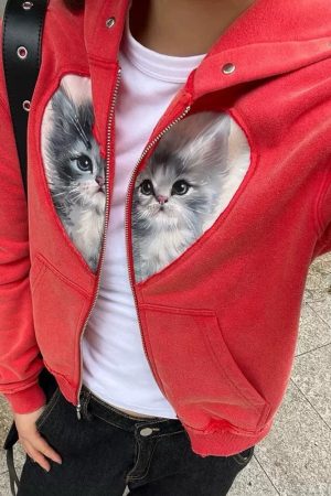 Cute Everyday Outfits, Outfit Inspo Casual Kitten & Heart Zip Up Hoodie