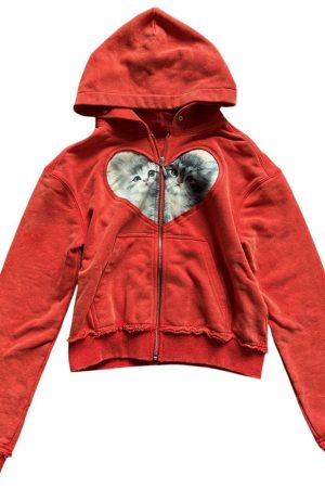 Cute Everyday Outfits, Outfit Inspo Casual Kitten & Heart Zip Up Hoodie