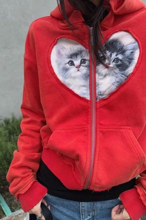 Cute Everyday Outfits, Outfit Inspo Casual Kitten & Heart Zip Up Hoodie