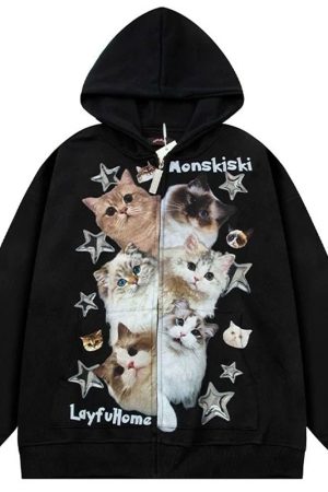 Cute Everyday Outfits, Outfit Inspo Casual Kitten Print Oversized Hoodie