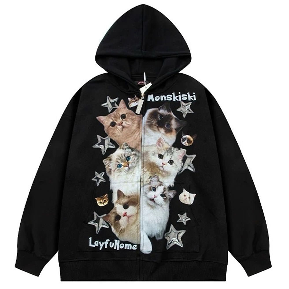 Cute Everyday Outfits, Outfit Inspo Casual Kitten Print Oversized Hoodie