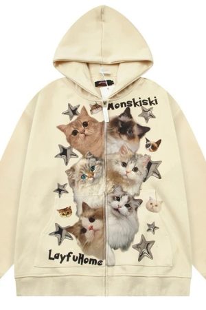 Cute Everyday Outfits, Outfit Inspo Casual Kitten Print Oversized Hoodie