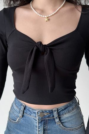 Cute Everyday Outfits, Outfit Inspo Casual Knot Tie Ribbed Long Sleeve Top