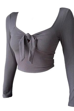 Cute Everyday Outfits, Outfit Inspo Casual Knot Tie Ribbed Long Sleeve Top