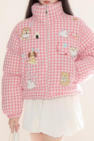 Cute Everyday Outfits, Outfit Inspo Casual Korean Aesthetic Checker Puffer Jacket