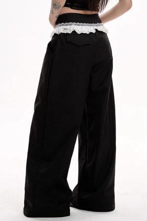 Cute Everyday Outfits, Outfit Inspo Casual Lace Trim Waist Wide-Leg Trousers