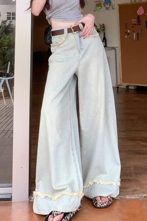 Cute Everyday Outfits, Outfit Inspo Casual Light Blue Frayed Wide-Leg Jeans