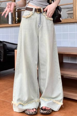 Cute Everyday Outfits, Outfit Inspo Casual Light Blue Frayed Wide-Leg Jeans