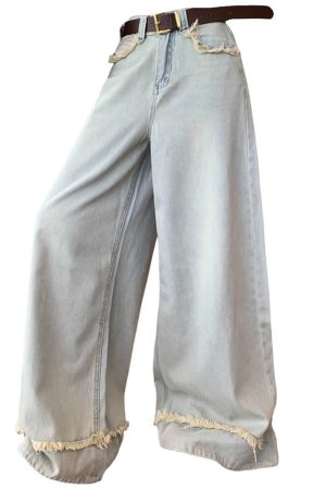 Cute Everyday Outfits, Outfit Inspo Casual Light Blue Frayed Wide-Leg Jeans