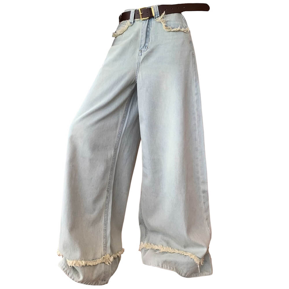 Cute Everyday Outfits, Outfit Inspo Casual Light Blue Frayed Wide-Leg Jeans