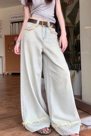 Cute Everyday Outfits, Outfit Inspo Casual Light Blue Frayed Wide-Leg Jeans