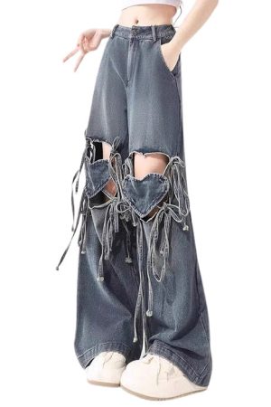 Cute Everyday Outfits, Outfit Inspo Casual Love Knot Knee-Heart Denim Pants