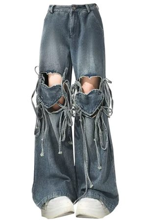Cute Everyday Outfits, Outfit Inspo Casual Love Knot Knee-Heart Denim Pants