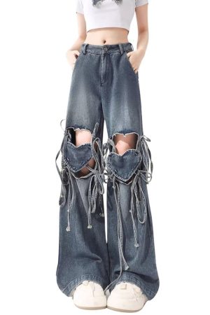Cute Everyday Outfits, Outfit Inspo Casual Love Knot Knee-Heart Denim Pants