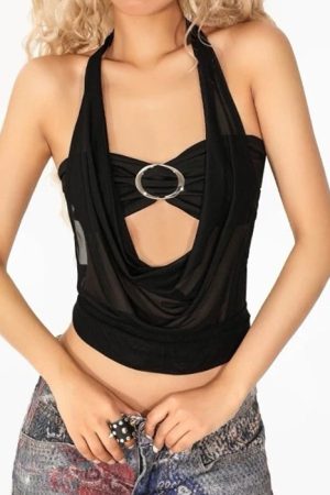 Cute Everyday Outfits, Outfit Inspo Casual Midnight Sheer Halter Crop Top