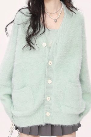 Cute Everyday Outfits, Outfit Inspo Casual Mint Green Fuzzy Cardigan