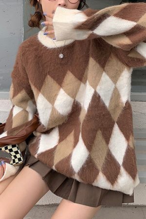 Cute Everyday Outfits, Outfit Inspo Casual Mocha Fuzzy Argyle Sweater