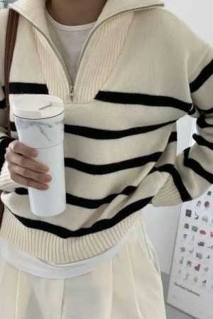 Cute Everyday Outfits, Outfit Inspo Casual Old Money Zip Up Striped Sweater