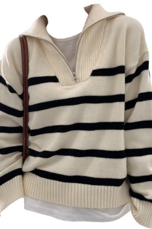 Cute Everyday Outfits, Outfit Inspo Casual Old Money Zip Up Striped Sweater