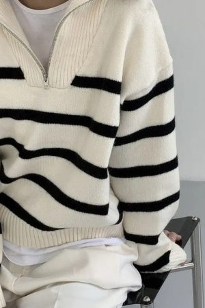 Cute Everyday Outfits, Outfit Inspo Casual Old Money Zip Up Striped Sweater